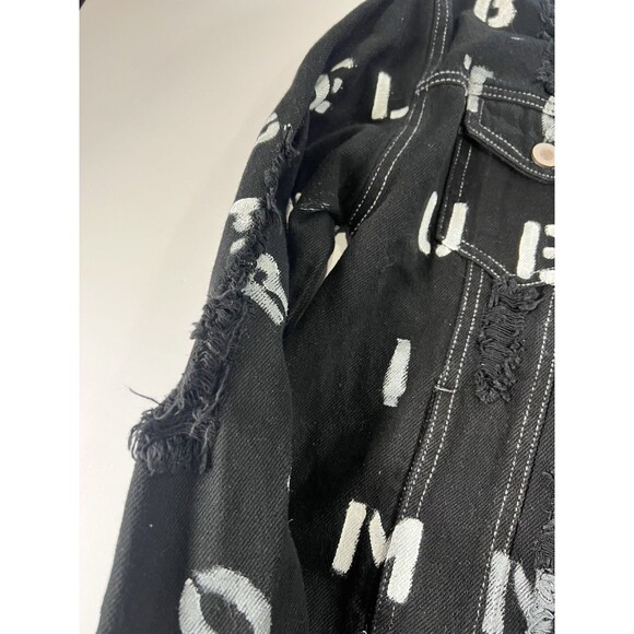 Black Jean Jacket Distressed With Graffiti Letters All Over Thrashed We’r Sun M - Picture 4 of 11